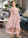 Lilliana A-Line V-neck Asymmetrical Chiffon Junior Bridesmaid Dress With Bow(s) Cascading Ruffles STIP0013496