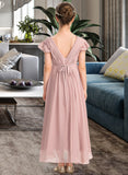 Lilliana A-Line V-neck Asymmetrical Chiffon Junior Bridesmaid Dress With Bow(s) Cascading Ruffles STIP0013496