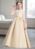 Maleah Ball-Gown/Princess Scoop Neck Floor-Length Satin Lace Junior Bridesmaid Dress STIP0013498