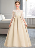 Maleah Ball-Gown/Princess Scoop Neck Floor-Length Satin Lace Junior Bridesmaid Dress STIP0013498