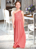 Kennedy A-Line One-Shoulder Floor-Length Chiffon Lace Junior Bridesmaid Dress STIP0013500