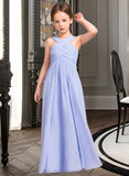 Lena A-Line V-neck Floor-Length Chiffon Junior Bridesmaid Dress With Ruffle STIP0013501