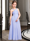 Lena A-Line V-neck Floor-Length Chiffon Junior Bridesmaid Dress With Ruffle STIP0013501