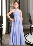 Lena A-Line V-neck Floor-Length Chiffon Junior Bridesmaid Dress With Ruffle STIP0013501