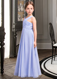 Lena A-Line V-neck Floor-Length Chiffon Junior Bridesmaid Dress With Ruffle STIP0013501