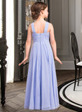 Lena A-Line V-neck Floor-Length Chiffon Junior Bridesmaid Dress With Ruffle STIP0013501