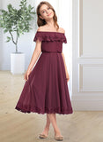 Danna A-Line Off-the-Shoulder Tea-Length Chiffon Lace Junior Bridesmaid Dress STIP0013505