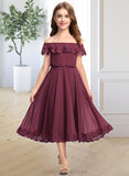 Danna A-Line Off-the-Shoulder Tea-Length Chiffon Lace Junior Bridesmaid Dress STIP0013505