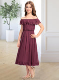 Danna A-Line Off-the-Shoulder Tea-Length Chiffon Lace Junior Bridesmaid Dress STIP0013505