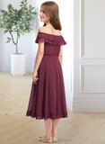 Danna A-Line Off-the-Shoulder Tea-Length Chiffon Lace Junior Bridesmaid Dress STIP0013505