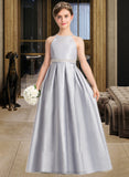 Tina A-Line Scoop Neck Floor-Length Taffeta Junior Bridesmaid Dress With Beading Bow(s) STIP0013506