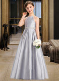 Tina A-Line Scoop Neck Floor-Length Taffeta Junior Bridesmaid Dress With Beading Bow(s) STIP0013506