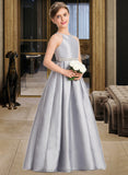 Tina A-Line Scoop Neck Floor-Length Taffeta Junior Bridesmaid Dress With Beading Bow(s) STIP0013506