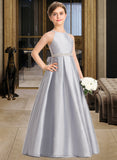 Tina A-Line Scoop Neck Floor-Length Taffeta Junior Bridesmaid Dress With Beading Bow(s) STIP0013506