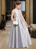 Tina A-Line Scoop Neck Floor-Length Taffeta Junior Bridesmaid Dress With Beading Bow(s) STIP0013506