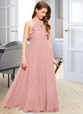 Juliet A-Line Square Neckline Floor-Length Chiffon Junior Bridesmaid Dress With Cascading Ruffles STIP0013509