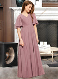 Mercedes A-Line V-neck Floor-Length Chiffon Junior Bridesmaid Dress With Ruffle STIP0013510