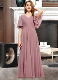 Mercedes A-Line V-neck Floor-Length Chiffon Junior Bridesmaid Dress With Ruffle STIP0013510