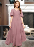 Mercedes A-Line V-neck Floor-Length Chiffon Junior Bridesmaid Dress With Ruffle STIP0013510