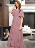 Mercedes A-Line V-neck Floor-Length Chiffon Junior Bridesmaid Dress With Ruffle STIP0013510