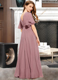 Mercedes A-Line V-neck Floor-Length Chiffon Junior Bridesmaid Dress With Ruffle STIP0013510