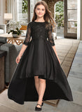 Harley A-Line Scoop Neck Asymmetrical Satin Lace Junior Bridesmaid Dress With Ruffle STIP0013511