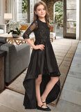 Harley A-Line Scoop Neck Asymmetrical Satin Lace Junior Bridesmaid Dress With Ruffle STIP0013511