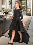 Harley A-Line Scoop Neck Asymmetrical Satin Lace Junior Bridesmaid Dress With Ruffle STIP0013511