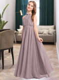 Rachael A-Line High Neck Floor-Length Chiffon Junior Bridesmaid Dress With Bow(s) Cascading Ruffles STIP0013512