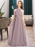 Rachael A-Line High Neck Floor-Length Chiffon Junior Bridesmaid Dress With Bow(s) Cascading Ruffles STIP0013512