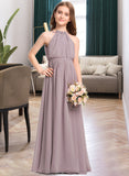 Rachael A-Line High Neck Floor-Length Chiffon Junior Bridesmaid Dress With Bow(s) Cascading Ruffles STIP0013512