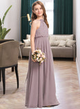 Rachael A-Line High Neck Floor-Length Chiffon Junior Bridesmaid Dress With Bow(s) Cascading Ruffles STIP0013512