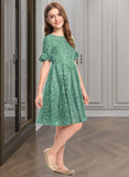 Kitty A-Line Scoop Neck Knee-Length Lace Junior Bridesmaid Dress With Cascading Ruffles STIP0013513