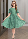 Kitty A-Line Scoop Neck Knee-Length Lace Junior Bridesmaid Dress With Cascading Ruffles STIP0013513