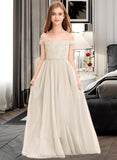 Taryn A-Line Off-the-Shoulder Floor-Length Chiffon Lace Junior Bridesmaid Dress STIP0013514