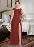 Ida A-Line V-neck Floor-Length Chiffon Junior Bridesmaid Dress With Split Front Cascading Ruffles STIP0013517