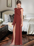 Ida A-Line V-neck Floor-Length Chiffon Junior Bridesmaid Dress With Split Front Cascading Ruffles STIP0013517