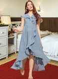 Jaslene A-Line V-neck Asymmetrical Chiffon Junior Bridesmaid Dress With Bow(s) Cascading Ruffles STIP0013522