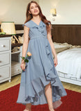 Jaslene A-Line V-neck Asymmetrical Chiffon Junior Bridesmaid Dress With Bow(s) Cascading Ruffles STIP0013522