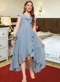 Jaslene A-Line V-neck Asymmetrical Chiffon Junior Bridesmaid Dress With Bow(s) Cascading Ruffles STIP0013522