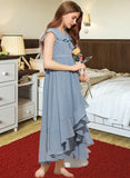 Jaslene A-Line V-neck Asymmetrical Chiffon Junior Bridesmaid Dress With Bow(s) Cascading Ruffles STIP0013522