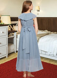 Jaslene A-Line V-neck Asymmetrical Chiffon Junior Bridesmaid Dress With Bow(s) Cascading Ruffles STIP0013522