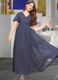 Sadie A-Line V-neck Floor-Length Chiffon Lace Junior Bridesmaid Dress With Bow(s) STIP0013523