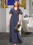 Sadie A-Line V-neck Floor-Length Chiffon Lace Junior Bridesmaid Dress With Bow(s) STIP0013523