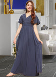 Sadie A-Line V-neck Floor-Length Chiffon Lace Junior Bridesmaid Dress With Bow(s) STIP0013523