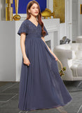 Sadie A-Line V-neck Floor-Length Chiffon Lace Junior Bridesmaid Dress With Bow(s) STIP0013523