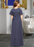 Sadie A-Line V-neck Floor-Length Chiffon Lace Junior Bridesmaid Dress With Bow(s) STIP0013523