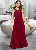 Serenity A-Line Scoop Neck Floor-Length Chiffon Lace Junior Bridesmaid Dress With Sequins STIP0013525