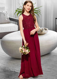 Serenity A-Line Scoop Neck Floor-Length Chiffon Lace Junior Bridesmaid Dress With Sequins STIP0013525