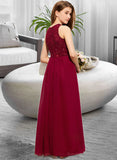 Serenity A-Line Scoop Neck Floor-Length Chiffon Lace Junior Bridesmaid Dress With Sequins STIP0013525